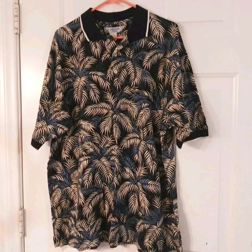 HIBISCUS HAWAII Men's Size XL Polo Shirt Black Floral 100% Cotton.